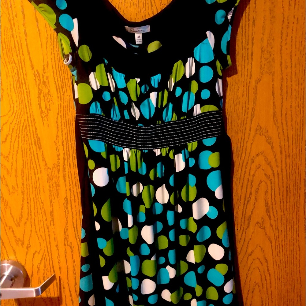 Polka dot green, blue, & white mid length dress